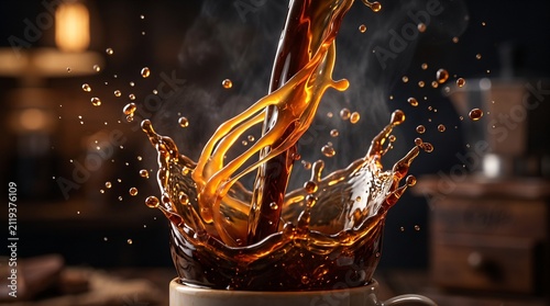 Hot caramel coffee splashing upwards from a mug in a dynamic motion