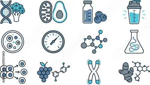 Foto Biohacking and Longevity Science Icon Grid Set with DNA Broccoli Mitochondria Av