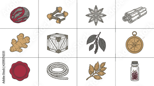 Historical Spice Trade and Maritime Commerce Icon Grid Set Featuring Nutmeg Cloves Cinnamon Ginger Wooden Crate Navigation Compass Rope and Saffron Bottle Vector