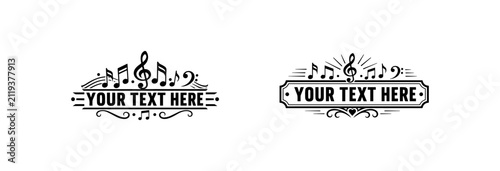 Obraz na płótnie Music notes and treble clef with elegant swirls, vintage banner for custom text