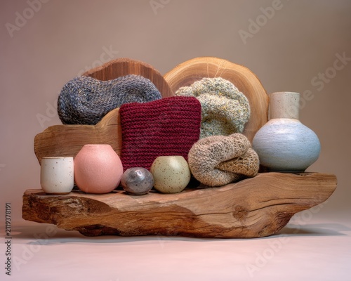 Hand-painted ceramic installation composed of unique handcrafted objects with artistic finishes. Craft traditions, creative expression, home decor inspiration, and exhibition materials.