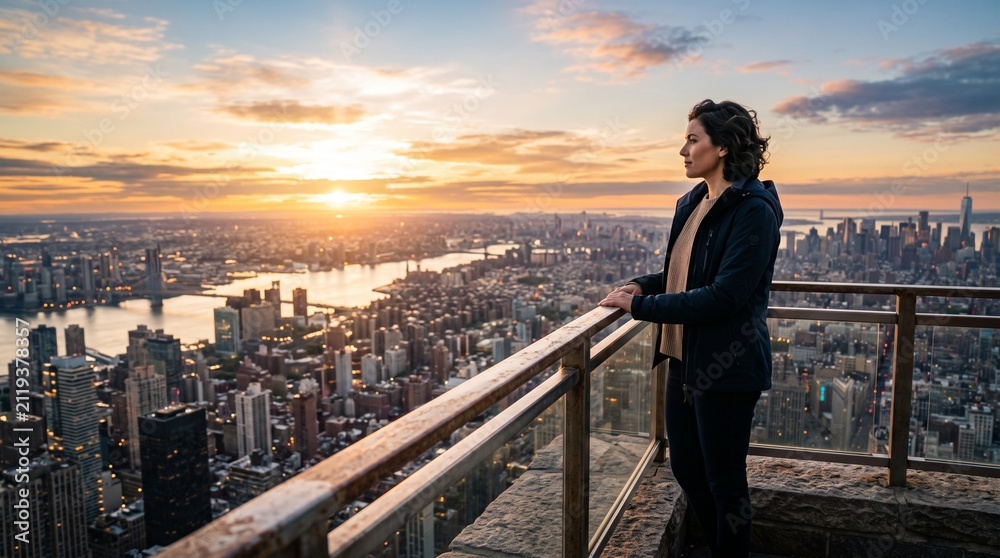 Fototapeta premium A woman looks out over a sprawling cityscape at sunset, her gaze fixed on the horizon, a symbol of aspiration and new beginnings.