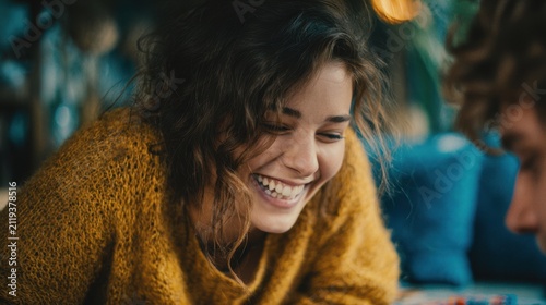 Happy adults laughing while leaning over a board game with hands reaching across the table. Social gatherings, family entertainment, teamwork, lifestyle content.