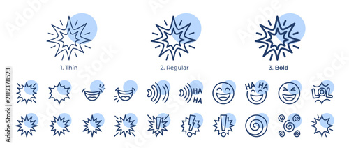 Photography Comic Book Starburst Effect and Expression Icons Set with Thin Regular and Bold
