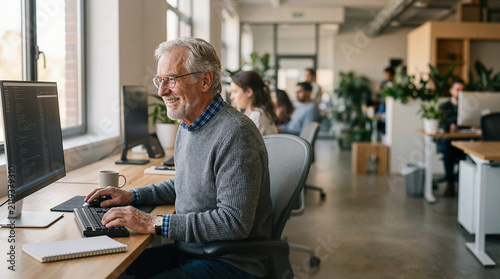 Smiling senior man programmer working on computer in modern office environment