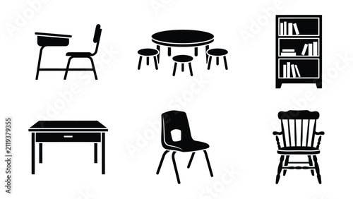 Black and white school furniture set vector icons