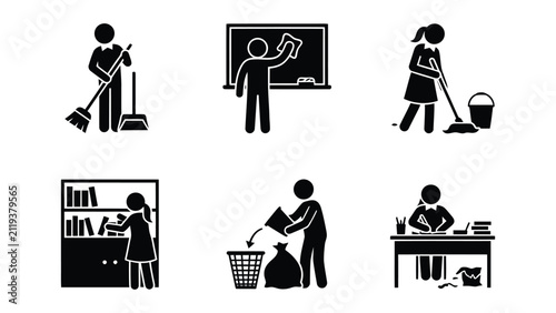 School cleaning and teaching activities icon set