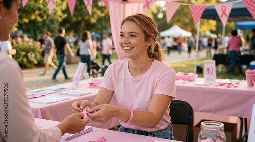 Smiling volunteer at breast cancer awareness event distributing pink ribbons