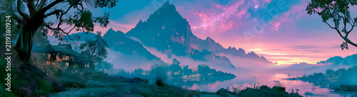 Panoramic misty mountain peak above a starlit village / fantasy landscape illustration
