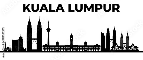 Kuala Lumpur Malaysia City Skyline Silhouette with Iconic Landmarks, Black Vector Illustration Isolated on White