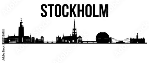 Stockholm Sweden city skyline silhouette with famous landmarks and typography isolated on white background