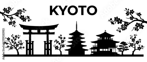 Kyoto Japan City Skyline Silhouette with Traditional Pagoda and Sakura Branches