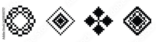 Cuadro en lienzo Pixelated Geometric Shapes: A collection of four distinct geometric shapes rendered in a pixelated, mosaic-like style, showcasing a range of symmetrical designs against a clean background