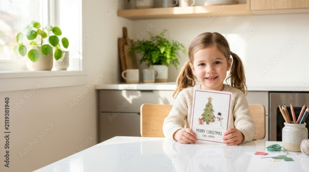 Obraz premium Young girl smiling, holding a handmade Christmas card with a festive tree and snowman, in a bright modern kitchen