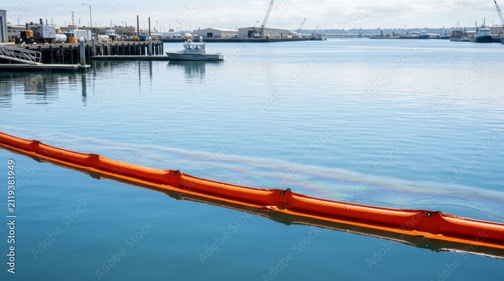 Obraz premium Orange containment boom floats on water surface to stop oil slick spread in harbor, environmental protection concept with copy space