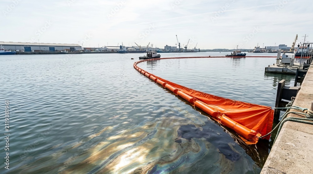 Obraz premium Orange oil containment boom on water with rainbow sheen, industrial harbor background, environmental protection concept