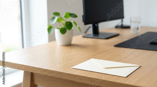 Ivory envelope on a clean oak desk, implying a bonus or important message in a modern office setting with copy space