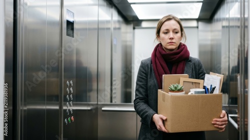 Woman carrying box of belongings in elevator after job loss  symbolizing redundancy and career transition