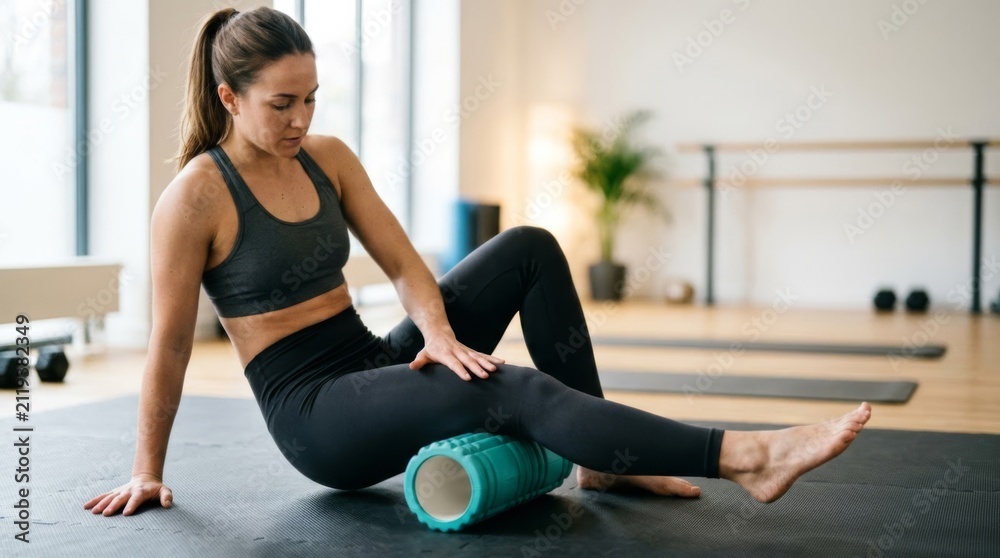 Fototapeta premium Woman foam rolling quadriceps on gym mat in bright studio, fitness recovery and self-care