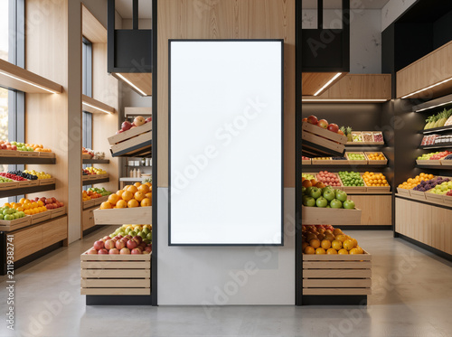 Harvest Elegance: Blank Digital Display Amid Oak Crates—Fresh Produce, Stone, and 8K Market Clarity