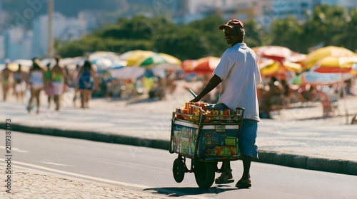A picolé (popsicle) vendor pushing his cooler cart along a Rio de Janeiro beach boardwalk, genuine beachgoers and colorful umbrellas blurred in the background