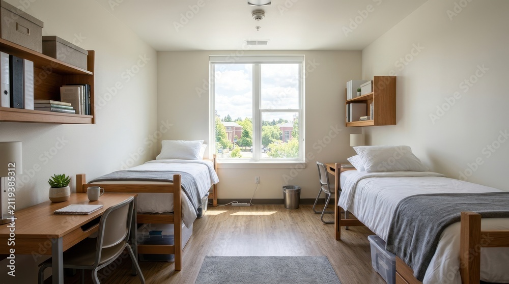 Fototapeta premium Modern college dormitory room with two beds. Shared student housing interior with desks