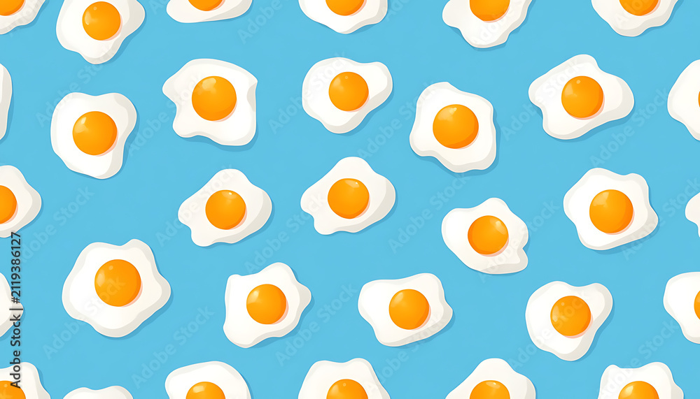 The image features a seamless cartoon vector pattern of sunny-side-up fried eggs with bright yellow yolks set against a light blue background