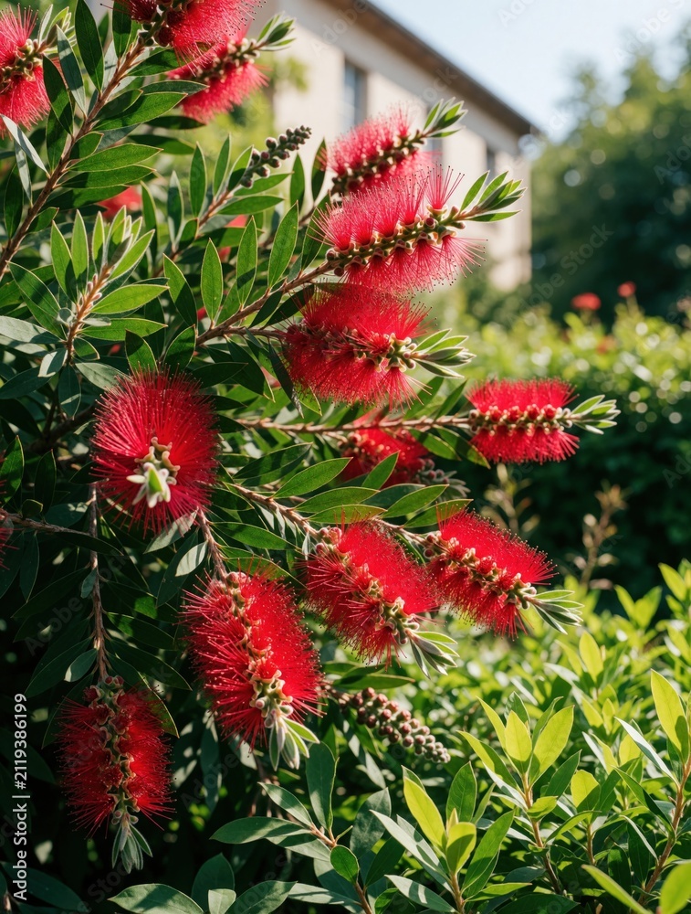Obraz premium Vibrant red bottlebrush flowers bloom on green branches with a blurred building background. Bright red blossoms on shrub attract bees. Botanical garden scene shows flowering plant.