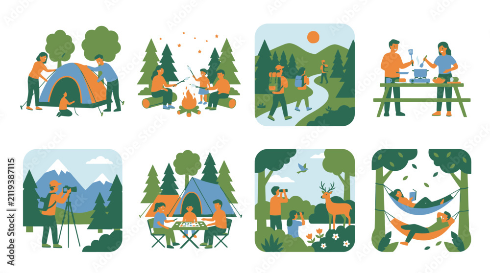 Fototapeta premium Camping lifestyle scenes with tents and outdoor activities