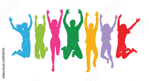 Foto Colorful Celebration: Silhouettes of diverse individuals leap in jubilation, arms outstretched, showcasing vibrant energy and a collective spirit of joy and freedom