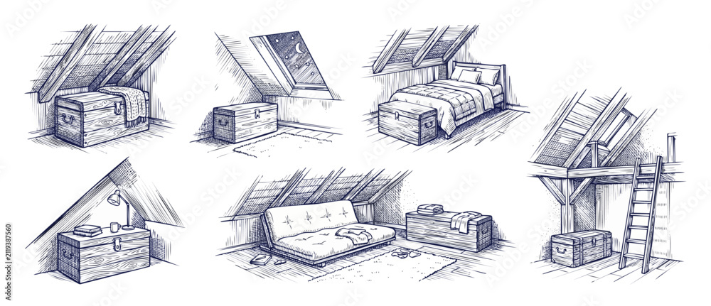 Fototapeta premium Attic bedroom interior line art set featuring cozy loft rooms, wooden chest, bed, futon sofa, skylight window, ladder, sloped ceiling beams, rustic furniture design illustrations for home decor