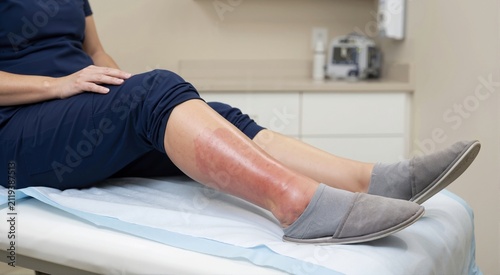 Patient with swollen red leg showing signs of cellulitis infection. Skin inflammation and rash on lower limb in medical clinic. Healthcare and dermatology concept