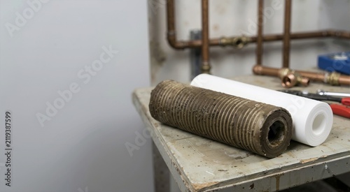Dirty brown used sediment filter cartridge next to a clean white one. Water purification system maintenance and plumbing repair concept