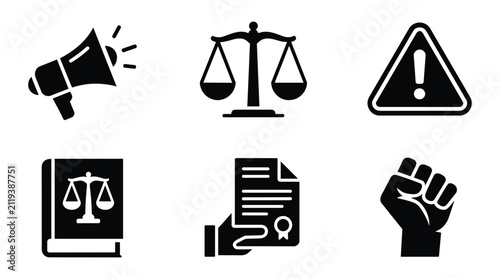 Legal Icons Collage: A collection of six black vector icons representing justice, law, protest, and activism, including a megaphone, scales of justice, warning sign, law book, document.