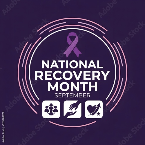 National recovery month awareness design featuring a purple ribbon symbol and icons representing community support and healing on dark background