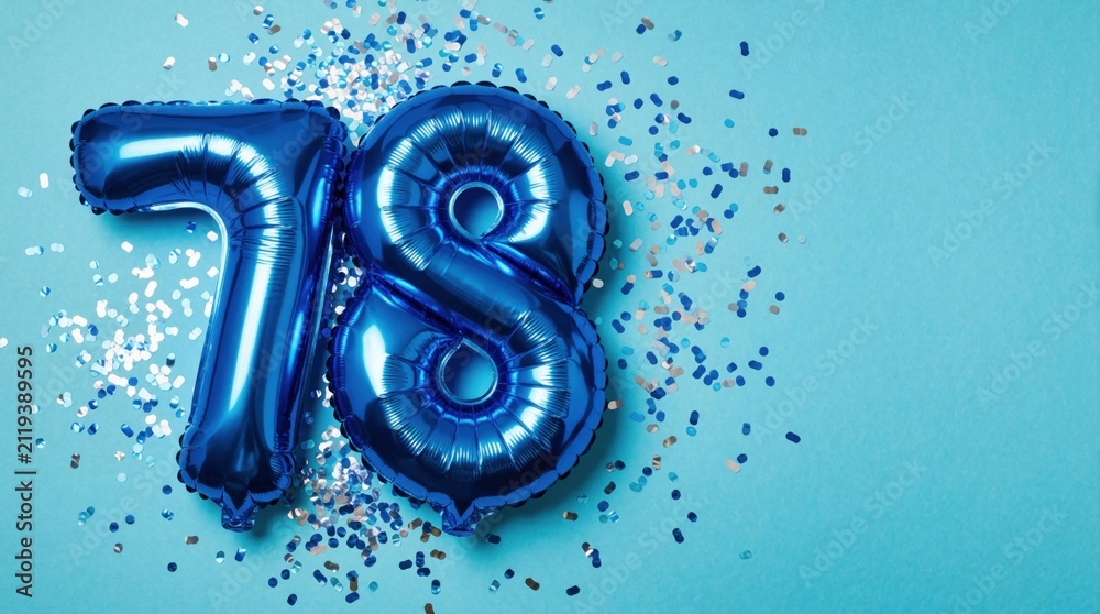 Obraz premium Blue balloon number 78 with shiny foil texture on solid color surface. Festive confetti background for party birthday celebration event. Anniversary concept card for jubilee milestone wedding