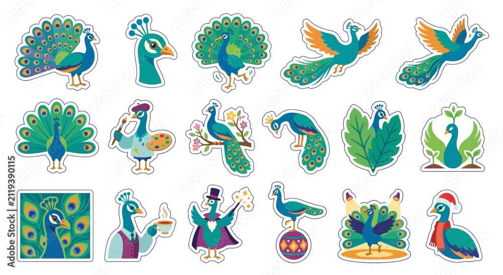 Fototapeta premium Vibrant Peacock Sticker Collection: Artistic and Whimsical Designs