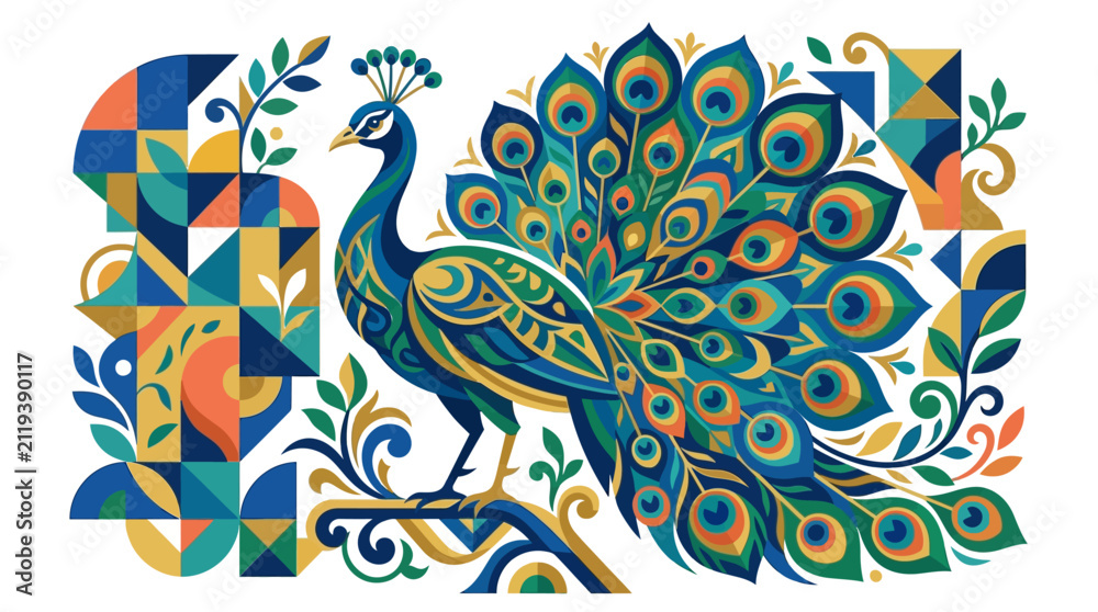 Fototapeta premium Exotic Peacock with Vibrant Geometric Patterns and Floral Elements, Artistic Style