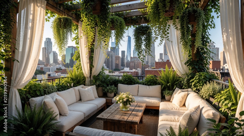 Obraz premium Modern urban terrace features cozy sofa furniture plus white curtains under wooden pergola. Rich hanging plants create green sanctuary overlooking skyscraper skyline. People enjoy peaceful atmosphere