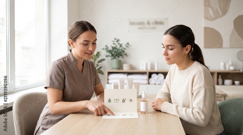 Fototapeta premium Eyebrow microneedling aftercare, technician explaining recovery with blank instruction card and calming serum, wide landscape client education scene