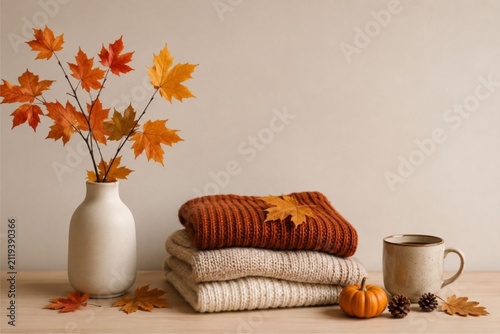 Cozy autumn home decor with coffee and knitted blanket 