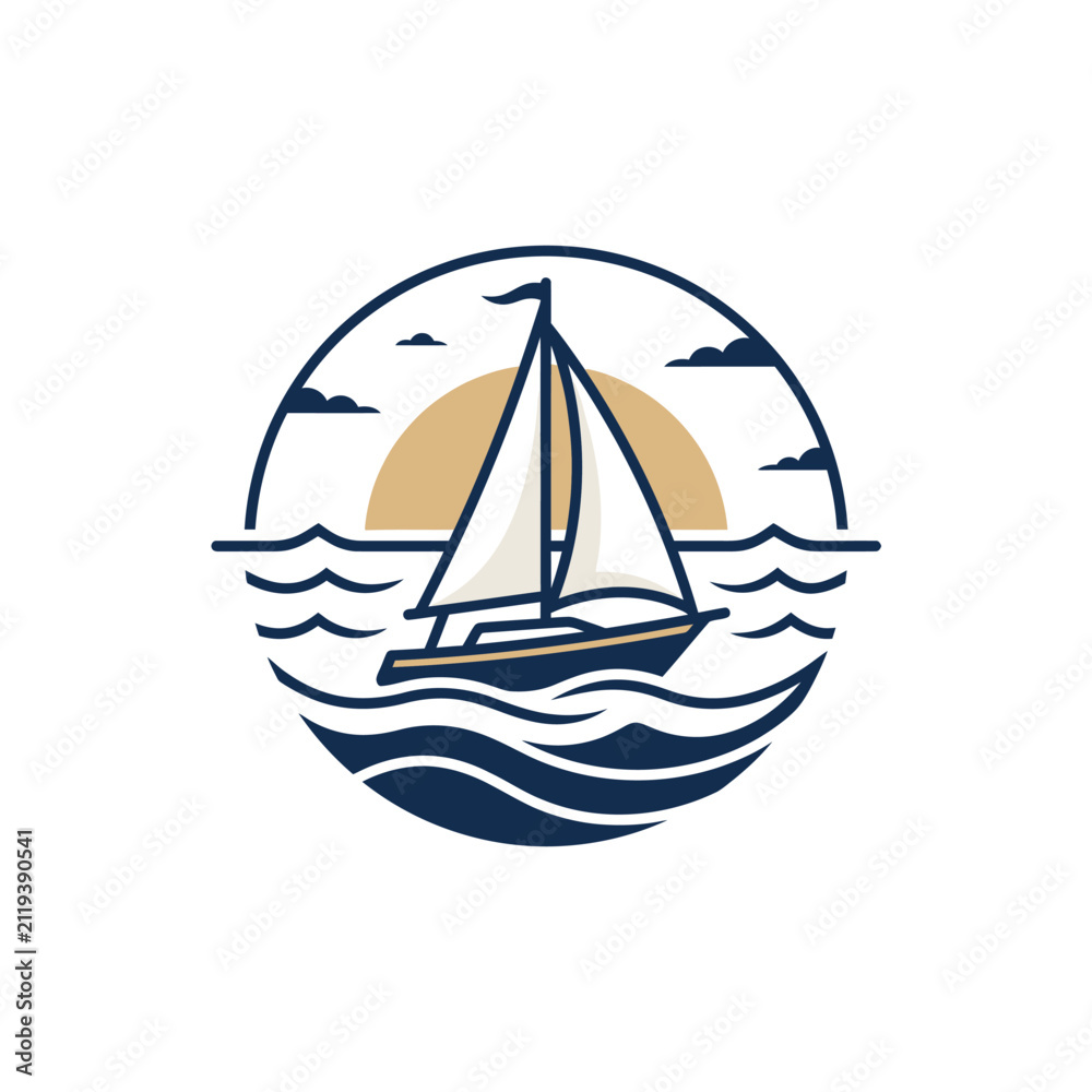 Fototapeta premium Detailed sailboat logo with ocean waves
