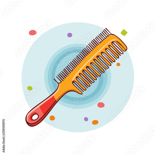 Vibrant Orange and Red Handle Comb with Colorful Confetti Dots and Blue Circles Illustration