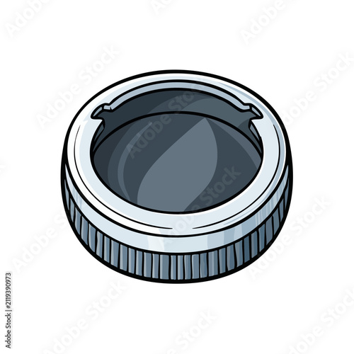 Circular metal cap with ribbed edge and reflective interior, cartoon style