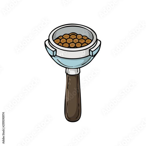 Close up of an espresso machine portafilter filled with ground coffee beans ready for brewing