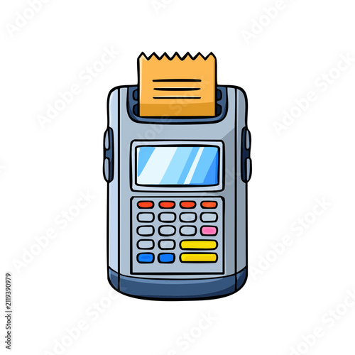Cartoon credit card payment terminal with receipt and keypad for electronic transactions