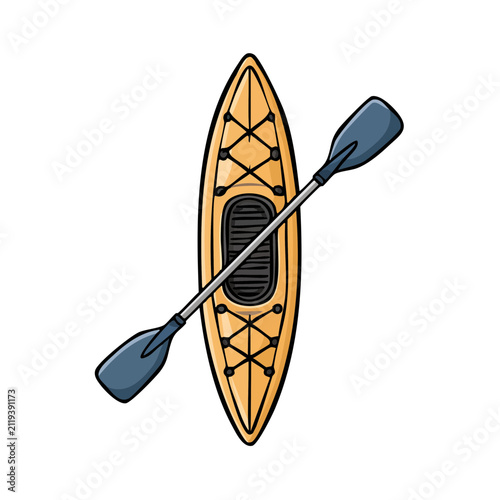 Kayaking adventure yellow sport kayak with paddle overhead view outdoor water recreation activity