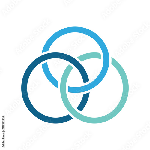 Three interlocking blue rings in abstract circular design.