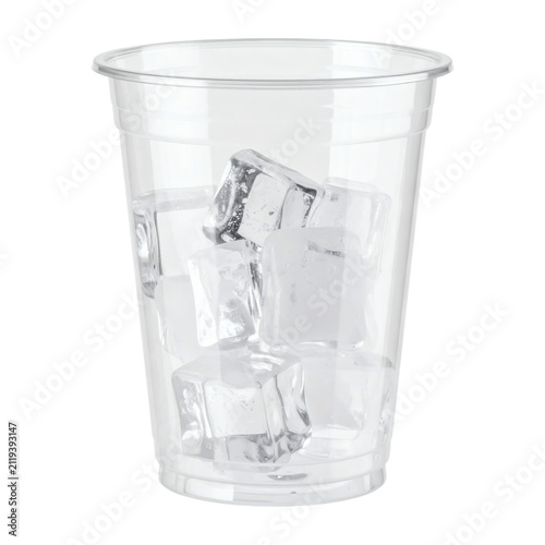 Empty plastic cup containing several frozen ice cubes for refreshing cold drinks, studio photography shot  