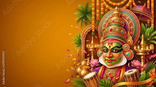 Ornate 3D Kathakali mask and Nilavilakku lamp Onam festival banner